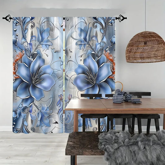 2Pcs Blue Lotus Curtains 3D Modern Luxury