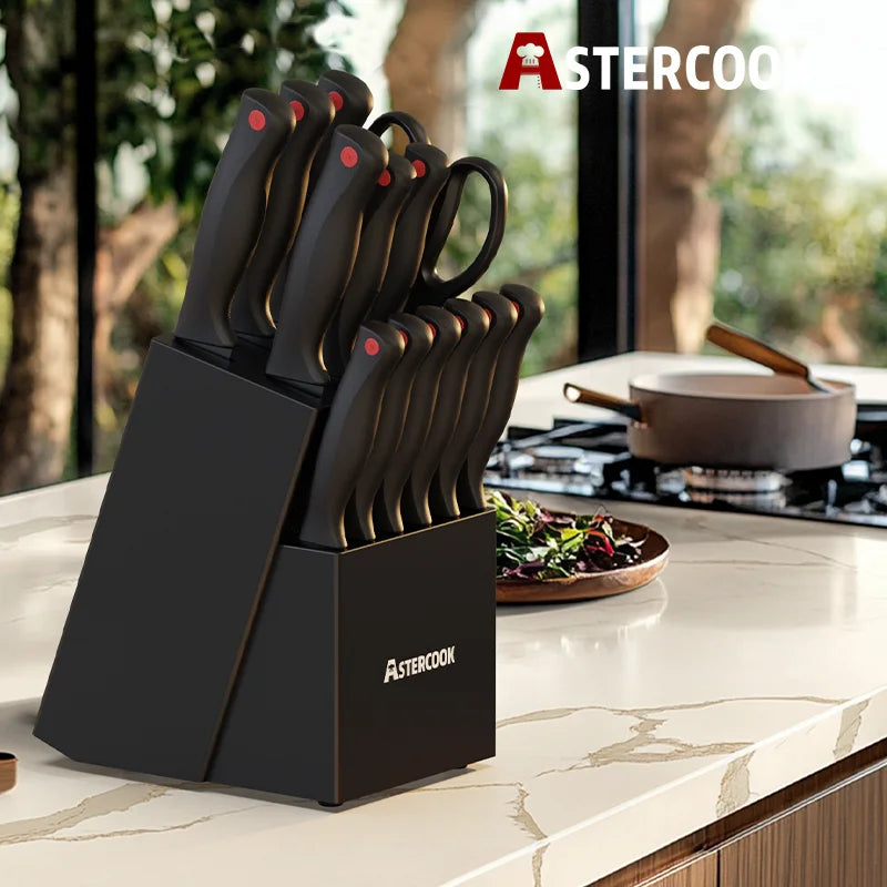 15PCS/ Astercook Knife Set with Sharpener Block - German Stainless Steel, Dishwasher Safe