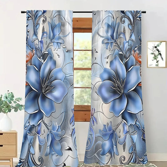2Pcs Blue Lotus Curtains 3D Modern Luxury