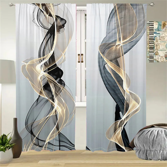 2 Pcs Abstract Art Curtains Black Gold Streamline Pattern