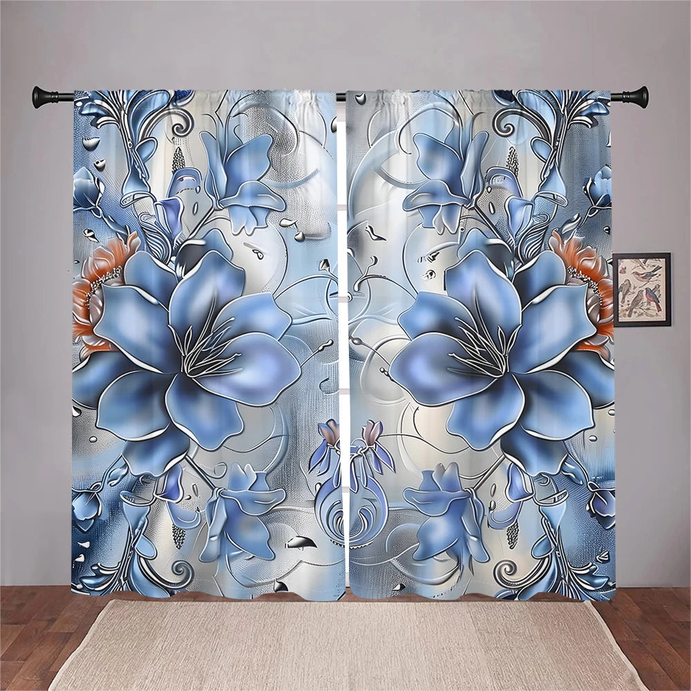 2Pcs Blue Lotus Curtains 3D Modern Luxury