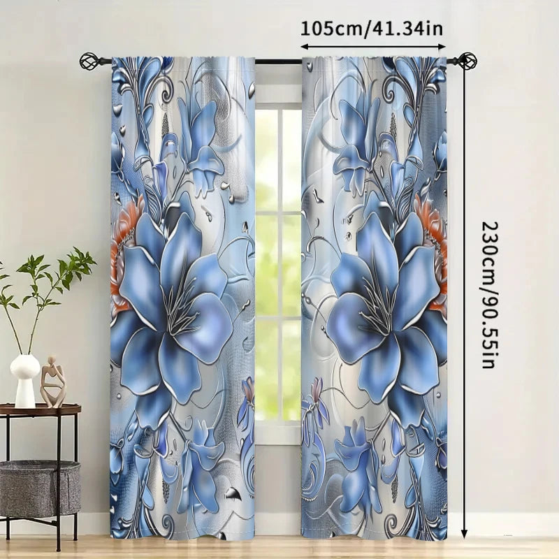 2Pcs Blue Lotus Curtains 3D Modern Luxury