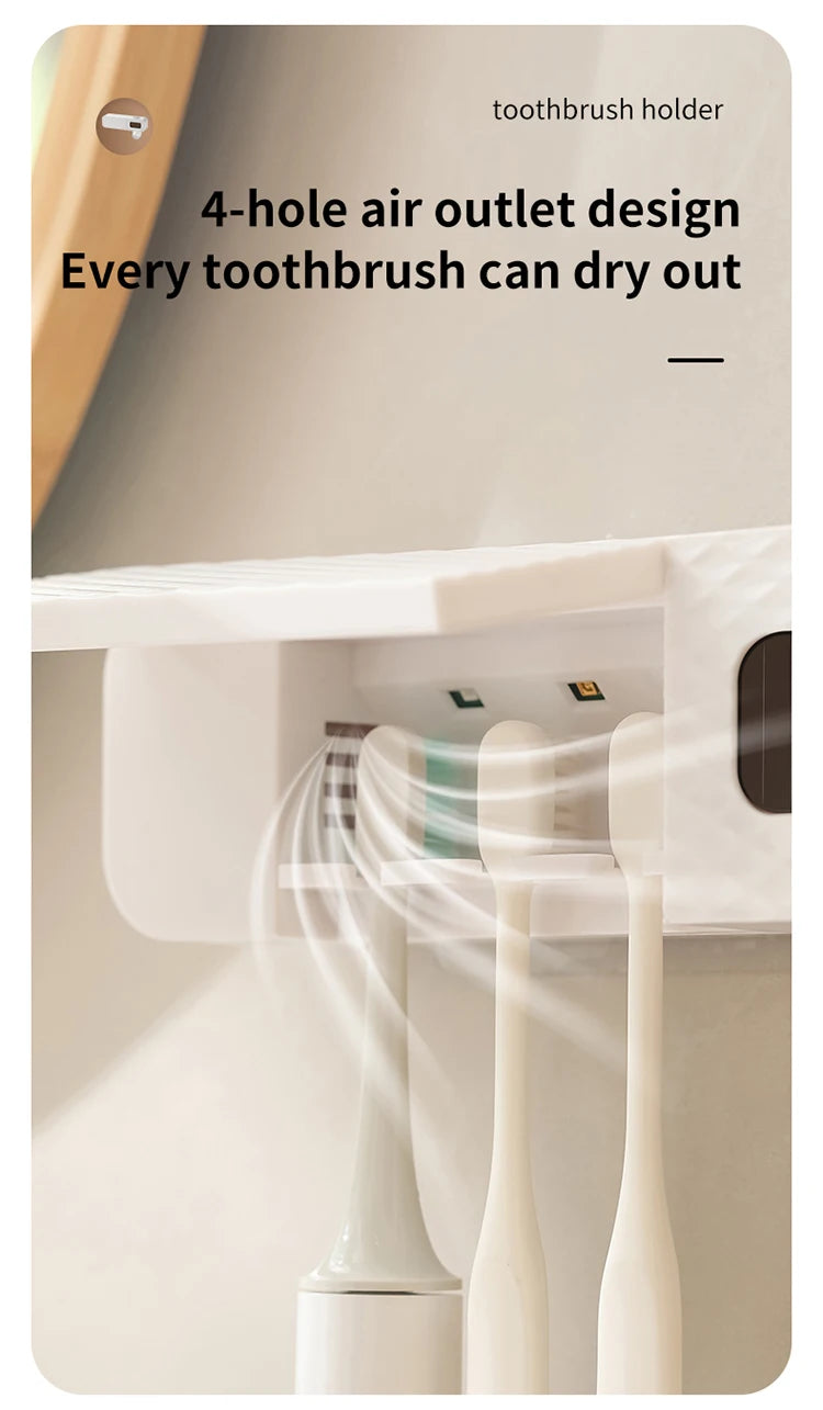 1 smart toothbrush rack wall mounted 3-slot toothbrush intelligent drying rack, toothpaste dispenser