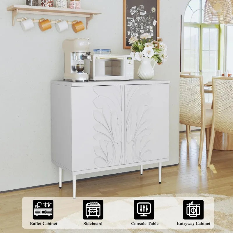 Accent Cabinet with 2 Doors,  Buffet Cabinet with 3D Flower Pattern & Adjustable Shelves, Wood  Credenza
