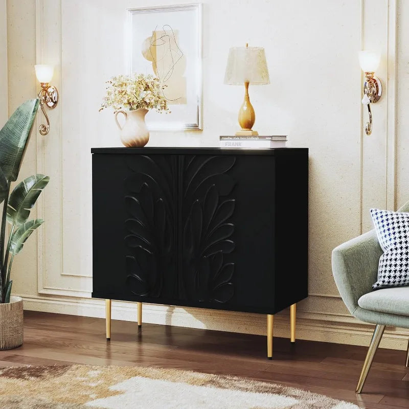 Accent Cabinet with 2 Doors,  Buffet Cabinet with 3D Flower Pattern & Adjustable Shelves, Wood  Credenza