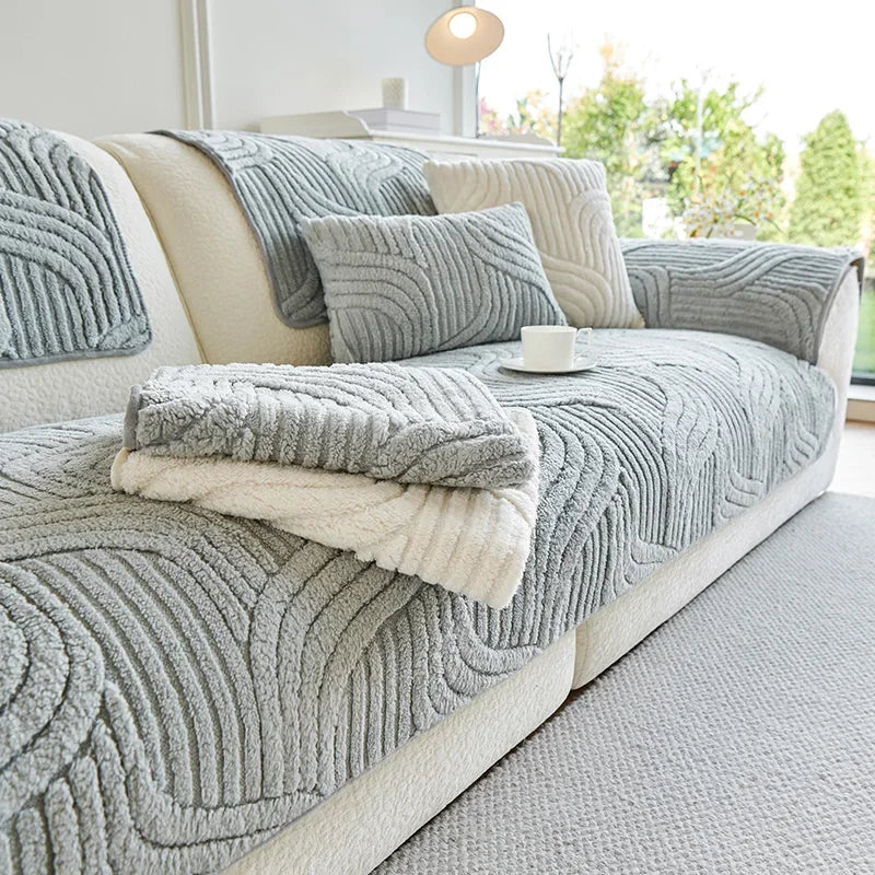1PC Wave Striped Sofa Cover Solid Color Thicken Plush Non-slip Couch Slipcovers