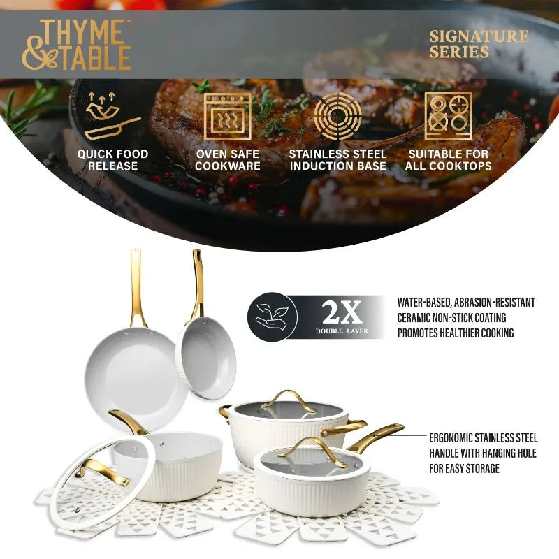 Thyme & Table Signature 12-Piece Cookware Set Non-Stick- White & Gold