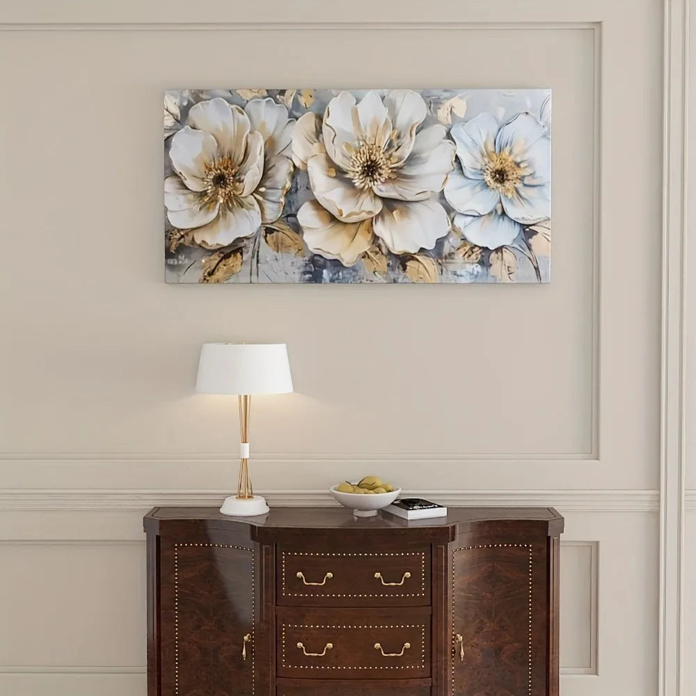 1.5 inch thick pine frame, abstract white camellia canvas wall art, modern decorative paintings