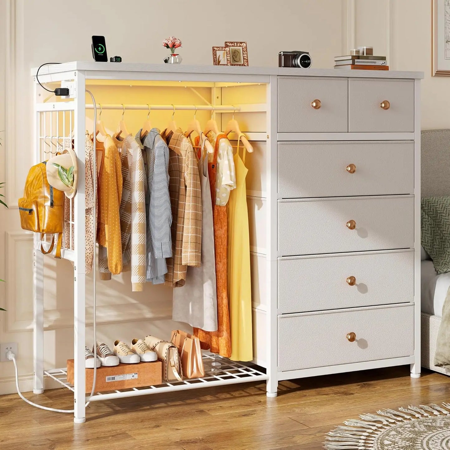 49.2" W White Dresser for Bedroom with Hanging Rack, 6 Drawers LED Lights & Charging Station