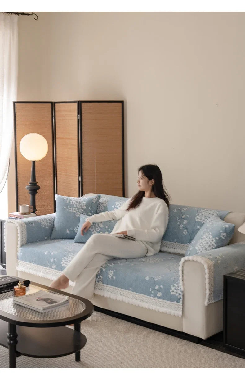 Chenille Flowers Sofa Cover All Season Non-slip Couch Protector