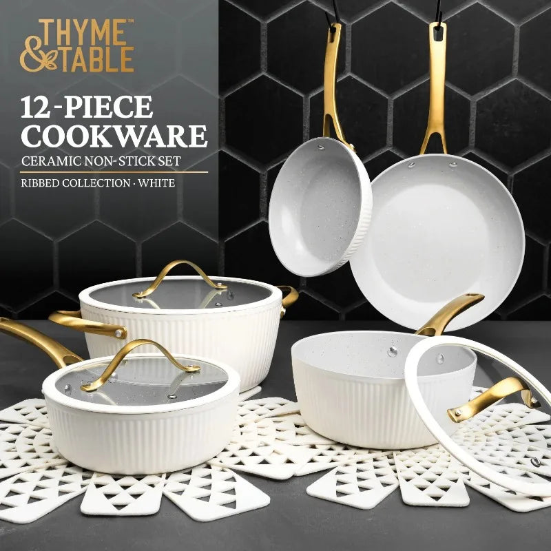 Thyme & Table Signature 12-Piece Cookware Set Non-Stick- White & Gold