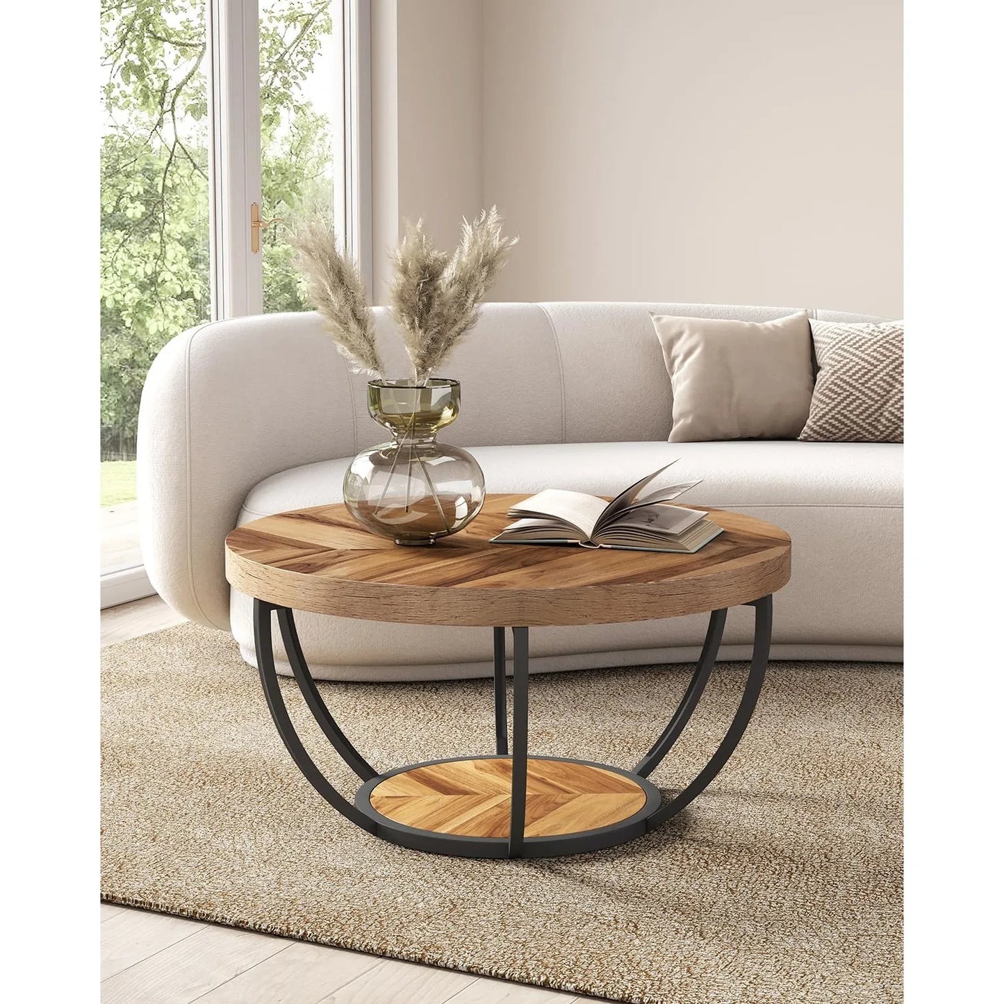 32" Circle Marble Coffee Tables, 2-Tier Golden Metal Legs Open Storage Modern Design