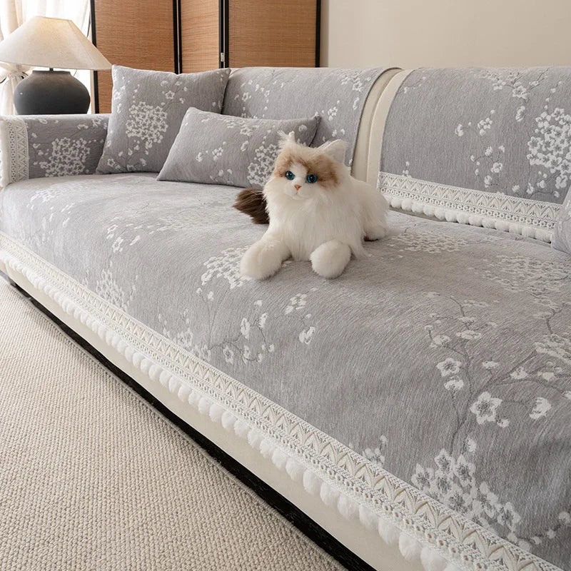 Chenille Flowers Sofa Cover All Season Non-slip Couch Protector