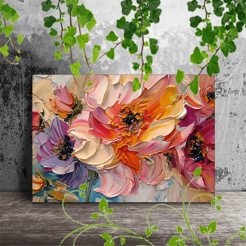 1pc Vibrant Floral Canvas Art with Wooden Frame - Textured Pastel Flowers, Abstract Blossom Arrangement