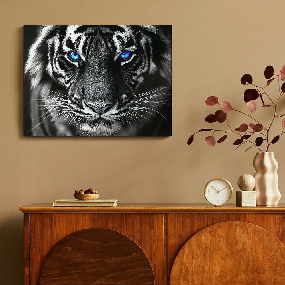 Wooden Frame Canvas Painting Blue Eyes Tiger Animal Black White Prints