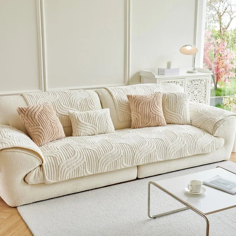 1PC Wave Striped Sofa Cover Solid Color Thicken Plush Non-slip Couch Slipcovers
