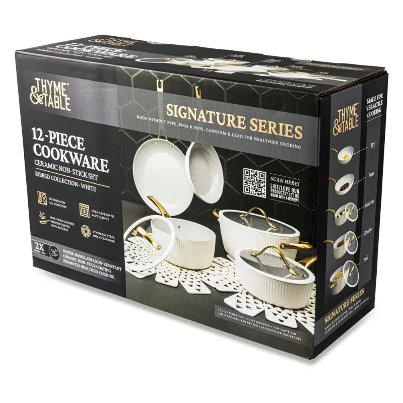Thyme & Table Signature 12-Piece Cookware Set Non-Stick- White & Gold