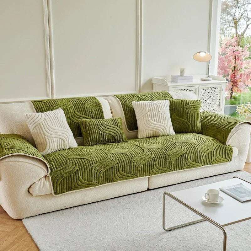 1PC Wave Striped Sofa Cover Solid Color Thicken Plush Non-slip Couch Slipcovers
