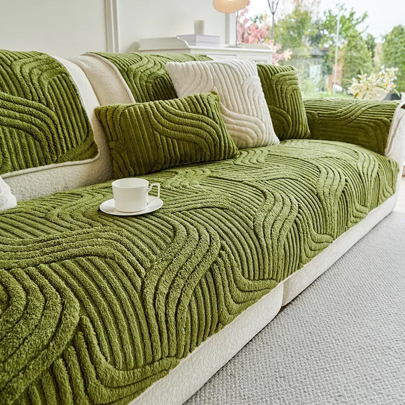 1PC Wave Striped Sofa Cover Solid Color Thicken Plush Non-slip Couch Slipcovers