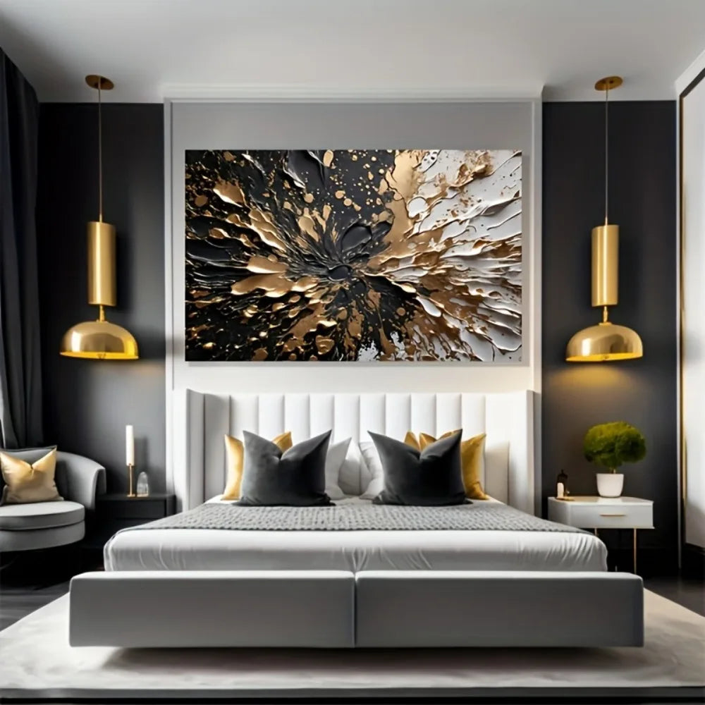 Modern abstract black gold ink splash texture wall mural pine solid wood frame