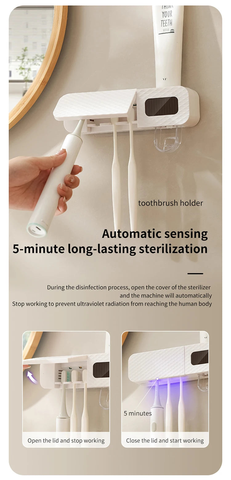 1 smart toothbrush rack wall mounted 3-slot toothbrush intelligent drying rack, toothpaste dispenser