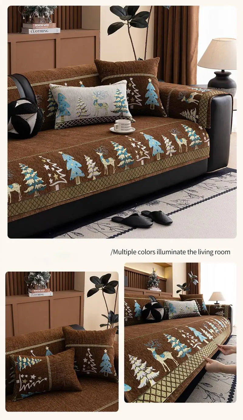 Universal Chenille Christmas Sofa Mat Cover Christmas Tree Deer Pattern Sofa Covers Anti-Slip Fully Covered Sofa Covers Fabric