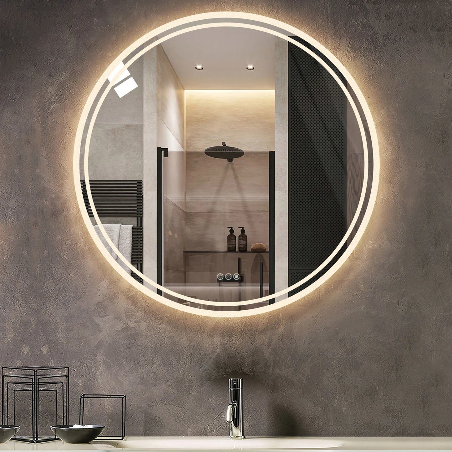 Bathroom Mirror with LED Lights Circle Backlit Illuminated Wall Mounted  Anti-Fog 3 Colors Change IP65 Dimmable