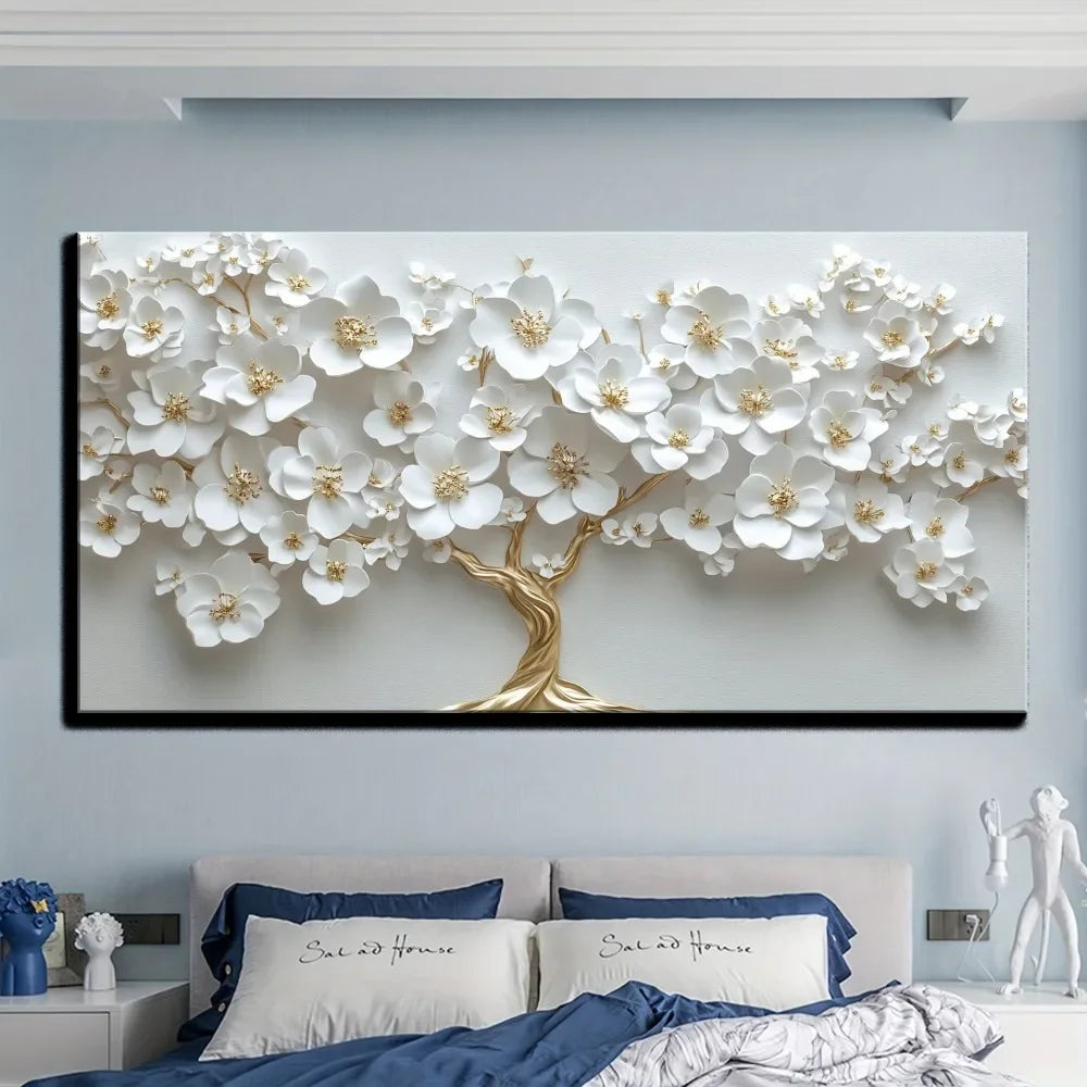 1 Nordic white flower oil painting on canvas, Modern art Deco wall painting  pine solid wood frame