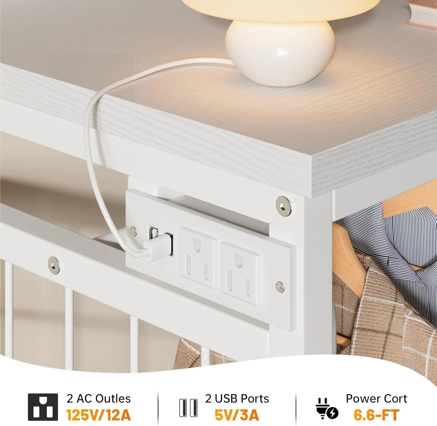 49.2" W White Dresser for Bedroom with Hanging Rack, 6 Drawers LED Lights & Charging Station