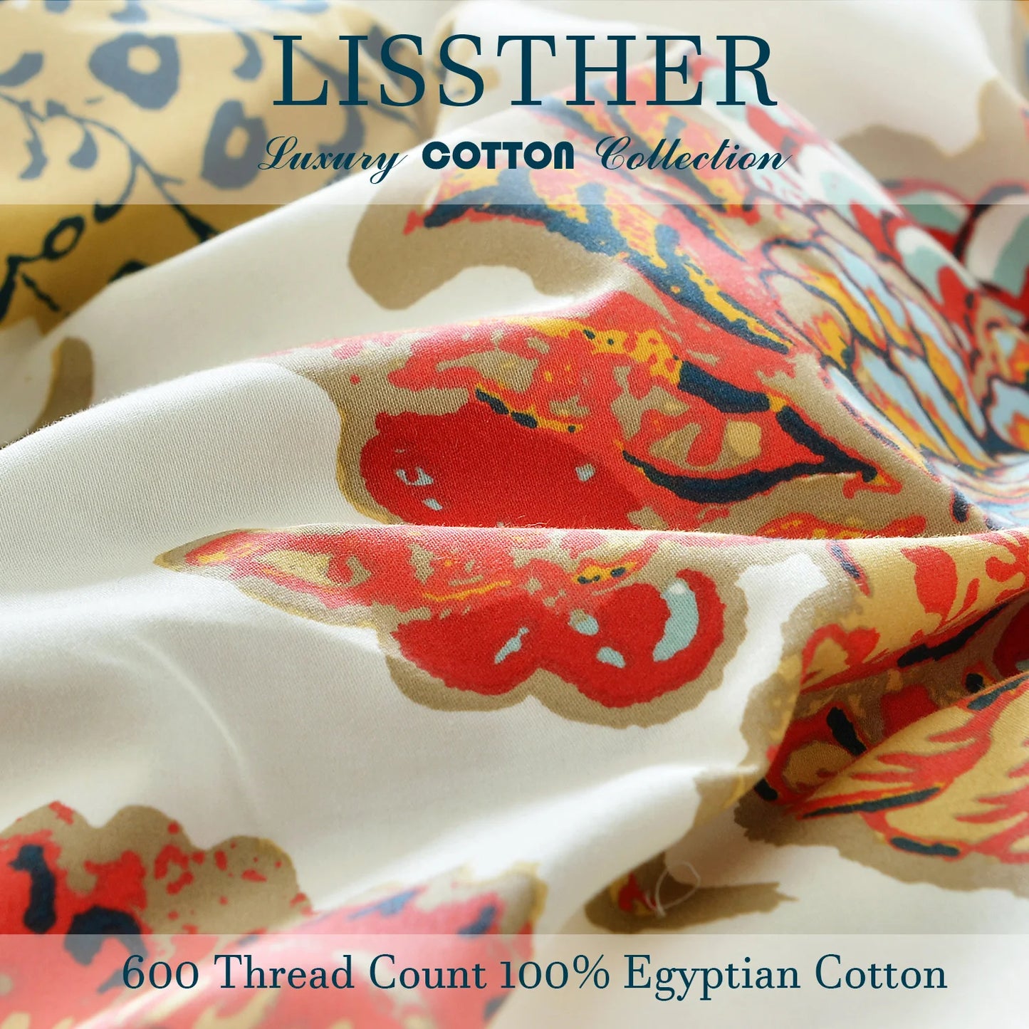 3pcs 600TC 100% Egyptian Cotton Duvet Cover Set, Boho Damask Floral Print, Soft