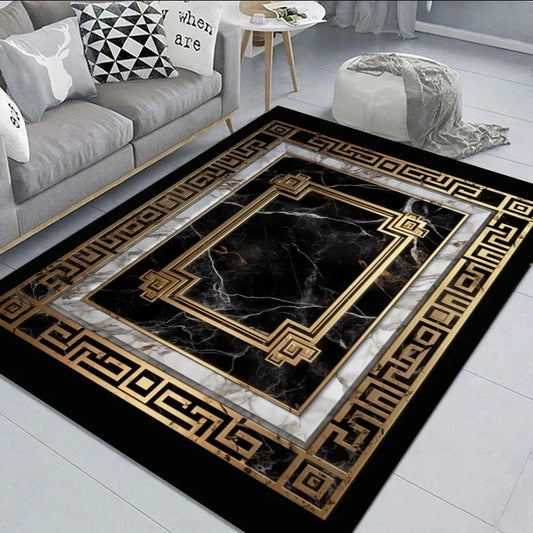 Black Gold Marble Carpet for Living Room / Large Area Rug