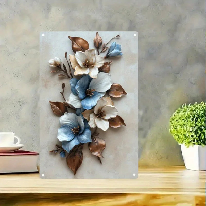 Elegant Blue and White Flower Metal Wall Art Easy To Hang Durable Wrought Iron Decoration