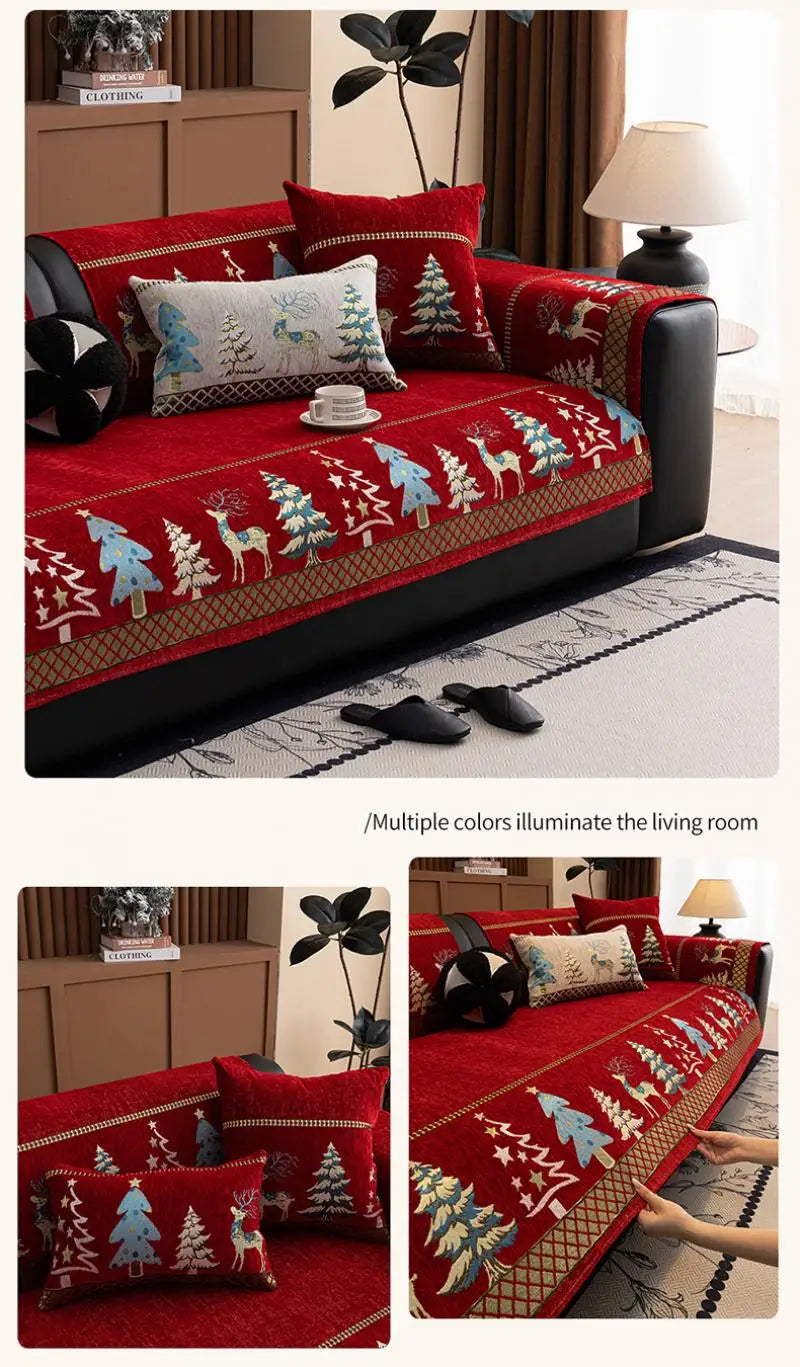 Universal Chenille Christmas Sofa Mat Cover Christmas Tree Deer Pattern Sofa Covers Anti-Slip Fully Covered Sofa Covers Fabric