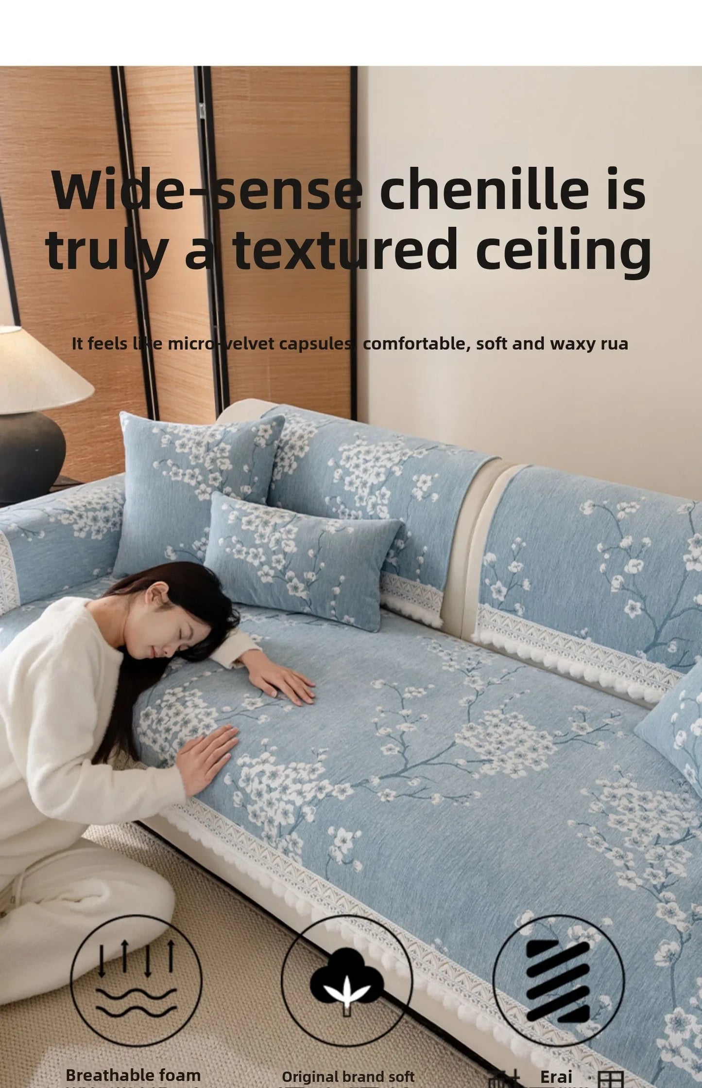 Chenille Flowers Sofa Cover All Season Non-slip Couch Protector