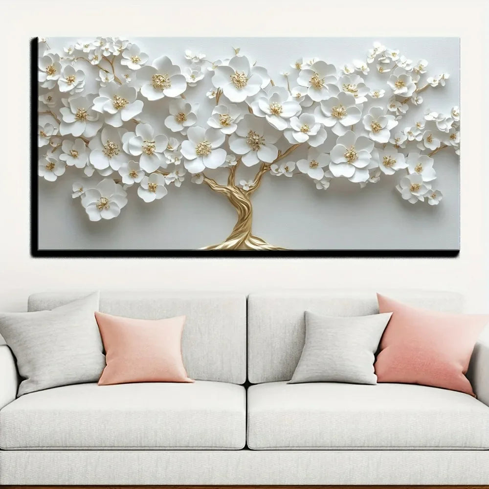 1 Nordic white flower oil painting on canvas, Modern art Deco wall painting  pine solid wood frame