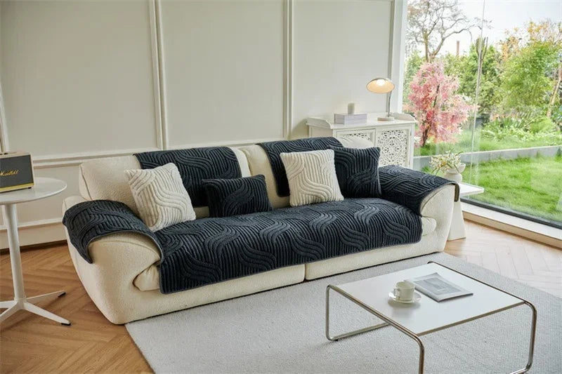 1PC Wave Striped Sofa Cover Solid Color Thicken Plush Non-slip Couch Slipcovers