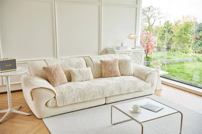 1PC Wave Striped Sofa Cover Solid Color Thicken Plush Non-slip Couch Slipcovers