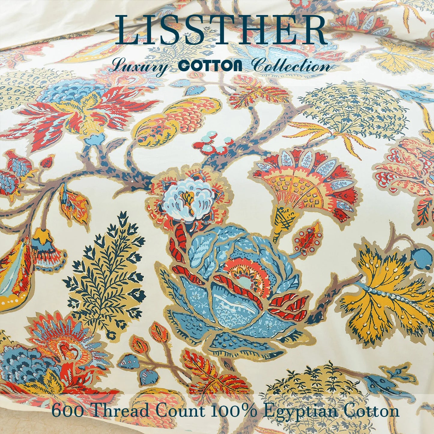 3pcs 600TC 100% Egyptian Cotton Duvet Cover Set, Boho Damask Floral Print, Soft