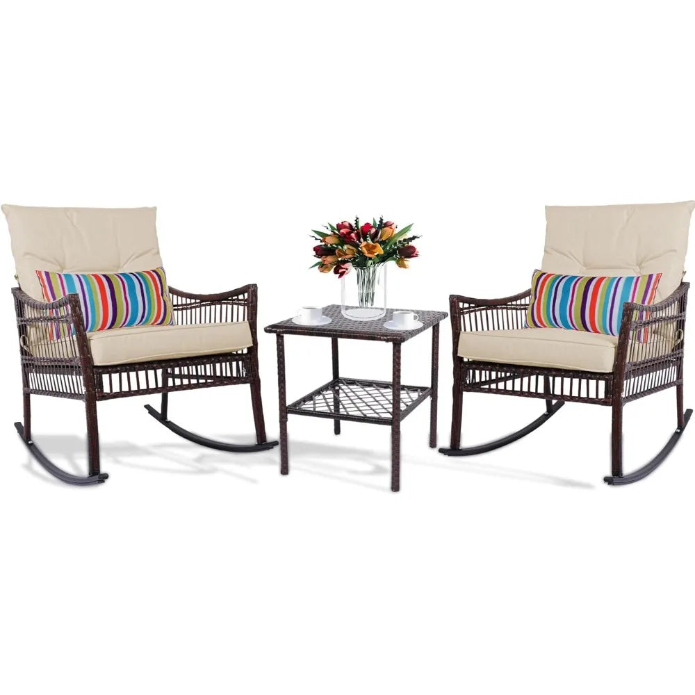 3 Pieces Patio Furniture Set, Wicker Rocking Chairs Bistro Set with Coffee Table