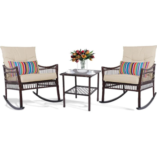 3 Pieces Patio Furniture Set, Wicker Rocking Chairs Bistro Set with Coffee Table