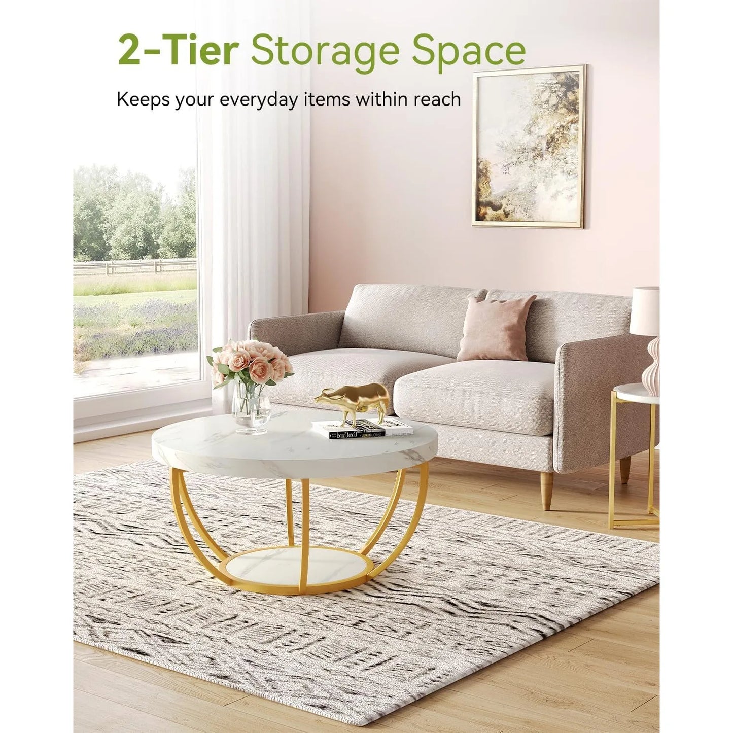 32" Circle Marble Coffee Tables, 2-Tier Golden Metal Legs Open Storage Modern Design