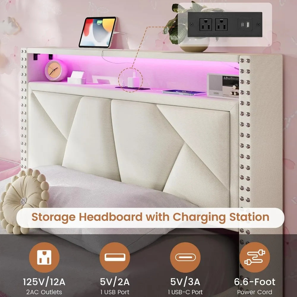 White Twin Bed Frames with LED Lights, Upholstered Platform Bed Frame / Storage Headboard and Charging Station