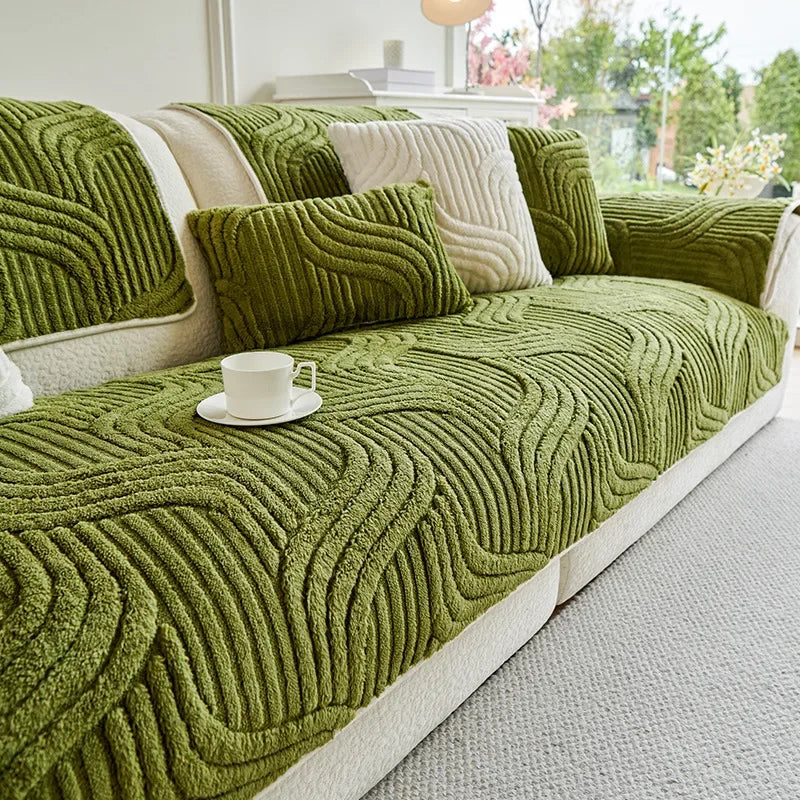 1PC Wave Striped Sofa Cover Solid Color Thicken Plush Non-slip Couch Slipcovers