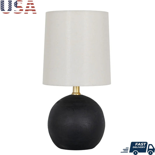 Mini Black Wood Ball Table Lamp with White Fabric Shade 12.5 Inch Stylish Accent
