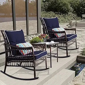 3 Pieces Patio Furniture Set, Wicker Rocking Chairs Bistro Set with Coffee Table