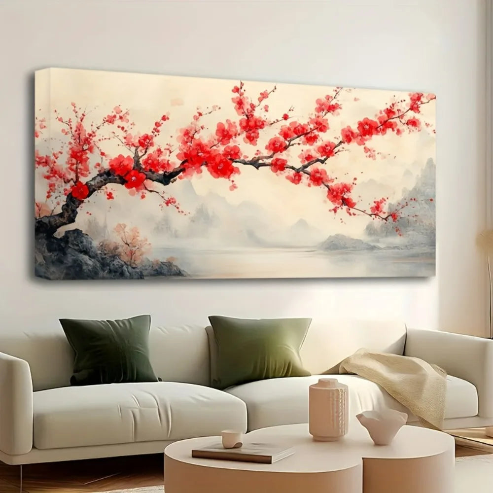 1.5 inch thick pine solid wood frame, Chinese "pink plum" mural, landscape decoration hanging picture