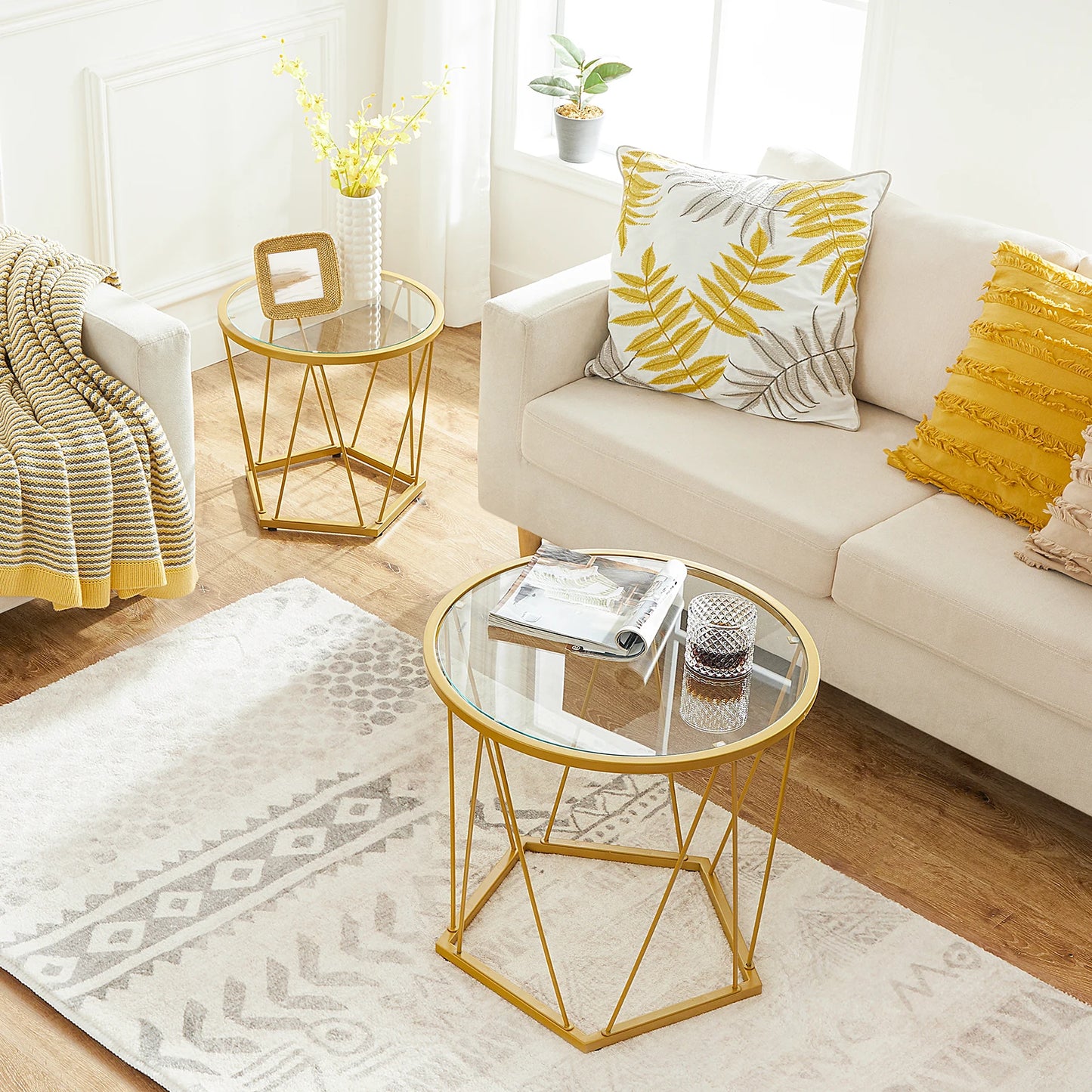 Coffee Table Set of 2 Round Coffee End Table with Metal Frame Glass Top Gold Side Table for