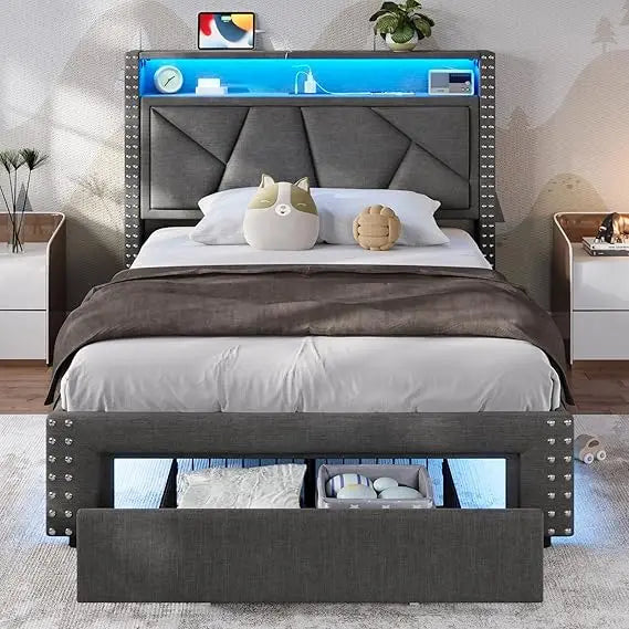 White Twin Bed Frames with LED Lights, Upholstered Platform Bed Frame / Storage Headboard and Charging Station