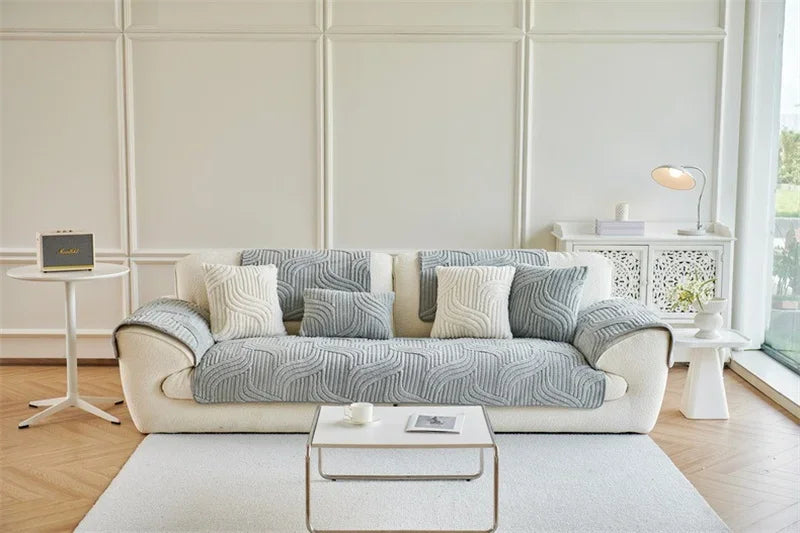 1PC Wave Striped Sofa Cover Solid Color Thicken Plush Non-slip Couch Slipcovers