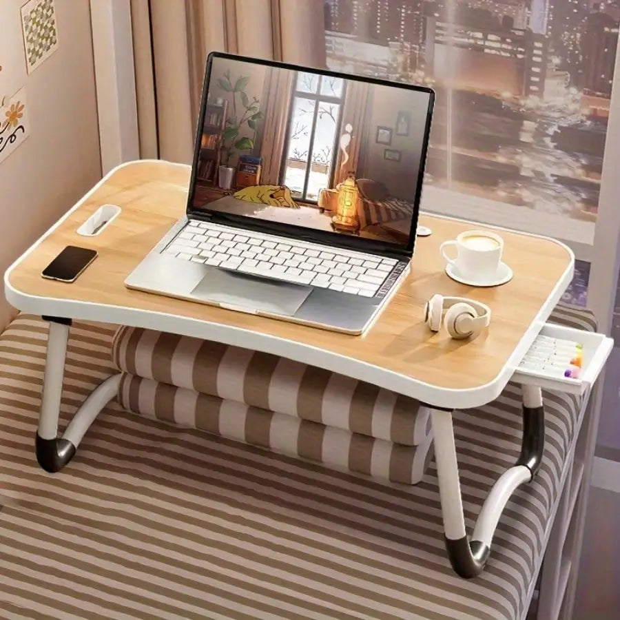 Portable Laptop Desk with  Cup Holder, Tablet Slot, and Lifting Handle - Foldable Laptop Table